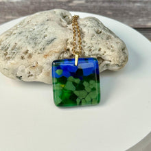 Blue and Green Square Necklace / Vibrant Fused Glass Jewellery