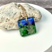 Blue and Green Square Necklace / Vibrant Fused Glass Jewellery