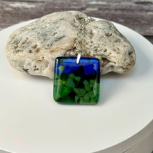 Blue and Green Square Necklace / Vibrant Fused Glass Jewellery