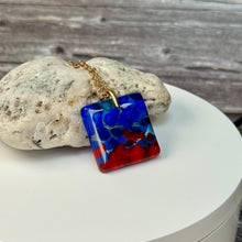 Red and Blue Square Necklace / Vibrant Fused Glass Jewellery