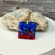 Red and Blue Square Necklace / Vibrant Fused Glass Jewellery