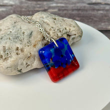 Red and Blue Square Necklace / Vibrant Fused Glass Jewellery