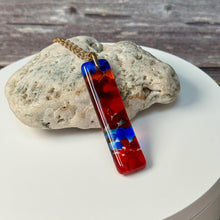 Large Blue, Red and Orange Long Pendant Necklace / Vibrant Fused Glass Jewellery