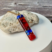 Large Blue, Red and Orange Long Pendant Necklace / Vibrant Fused Glass Jewellery