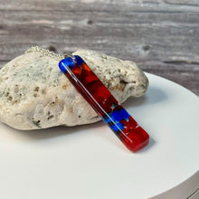Large Blue, Red and Orange Long Pendant Necklace / Vibrant Fused Glass Jewellery
