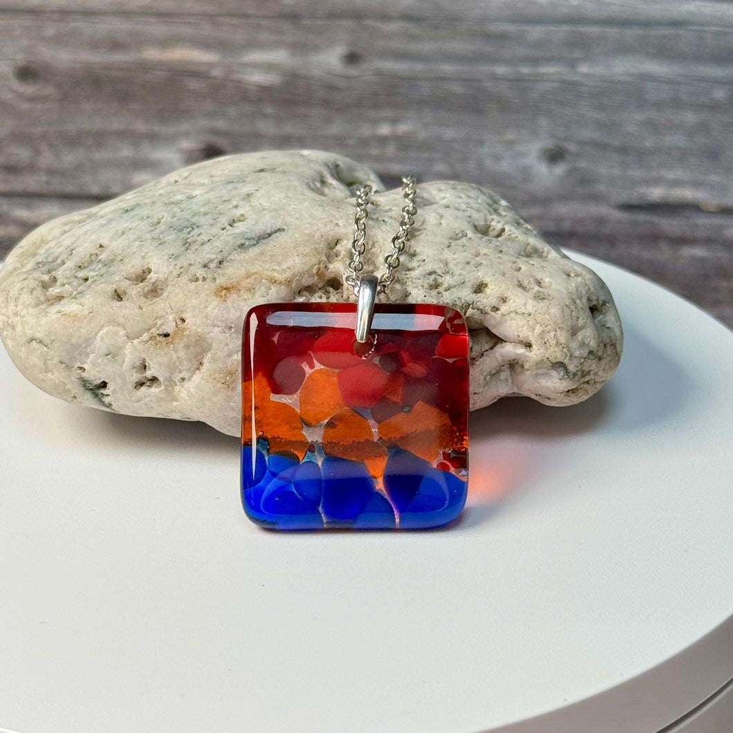 Blue, Red and Orange Square Necklace / Vibrant Fused Glass Jewellery