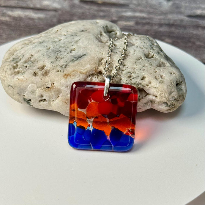 Blue, Red and Orange Square Necklace / Vibrant Fused Glass Jewellery