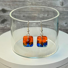 Vibrant Orange and Blue Earrings Sterling Silver Fused Glass Earrings