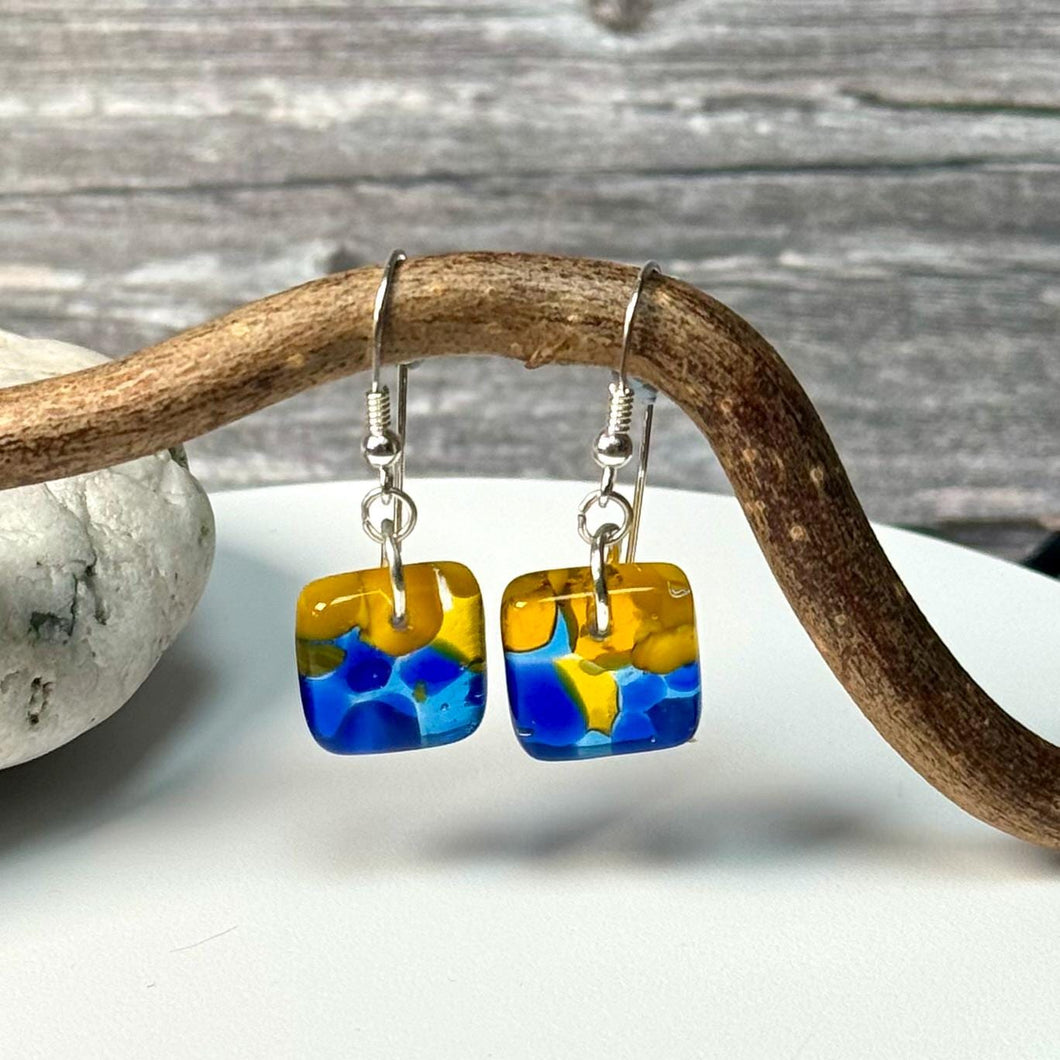 Vibrant Yellow and Blue Earrings Sterling Silver Fused Glass Earrings