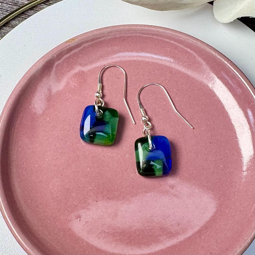 Blue and Green Earrings Sterling Silver Fused Glass Earrings