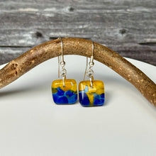 Vibrant Yellow and Blue Earrings Sterling Silver Fused Glass Earrings