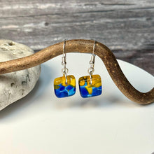 Vibrant Yellow and Blue Earrings Sterling Silver Fused Glass Earrings