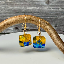Vibrant Yellow and Blue Earrings Sterling Silver Fused Glass Earrings