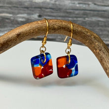 Vibrant Blue, Orange and Red Earrings: Sterling Silver Fused Glass Earrings