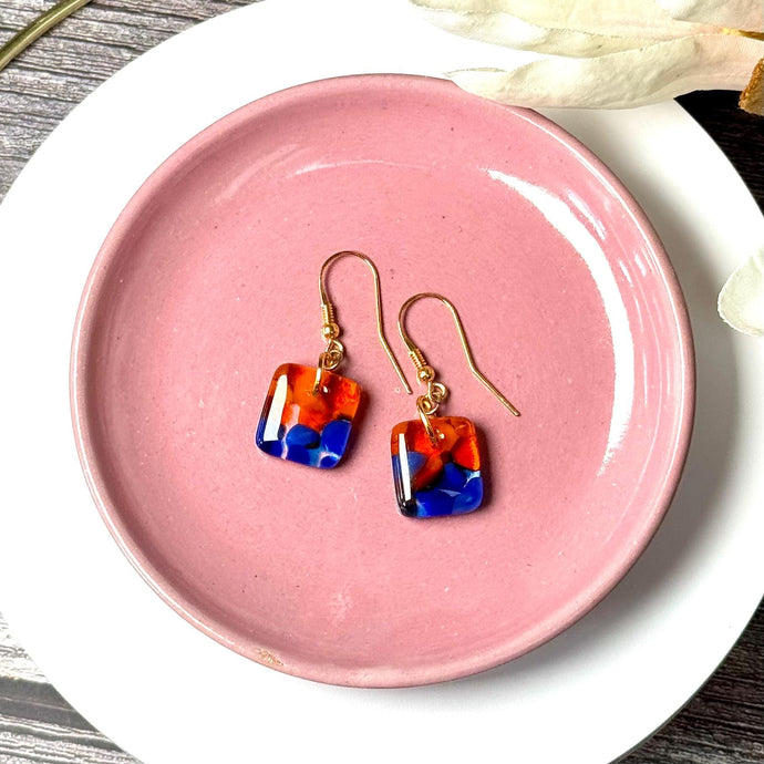 Vibrant Orange and Blue Earrings Sterling Silver Fused Glass Earrings