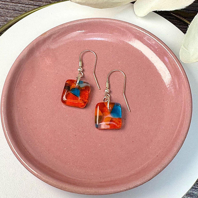 Energising Orange and Turquoise Earrings: Sterling Silver Fused Glass Earrings