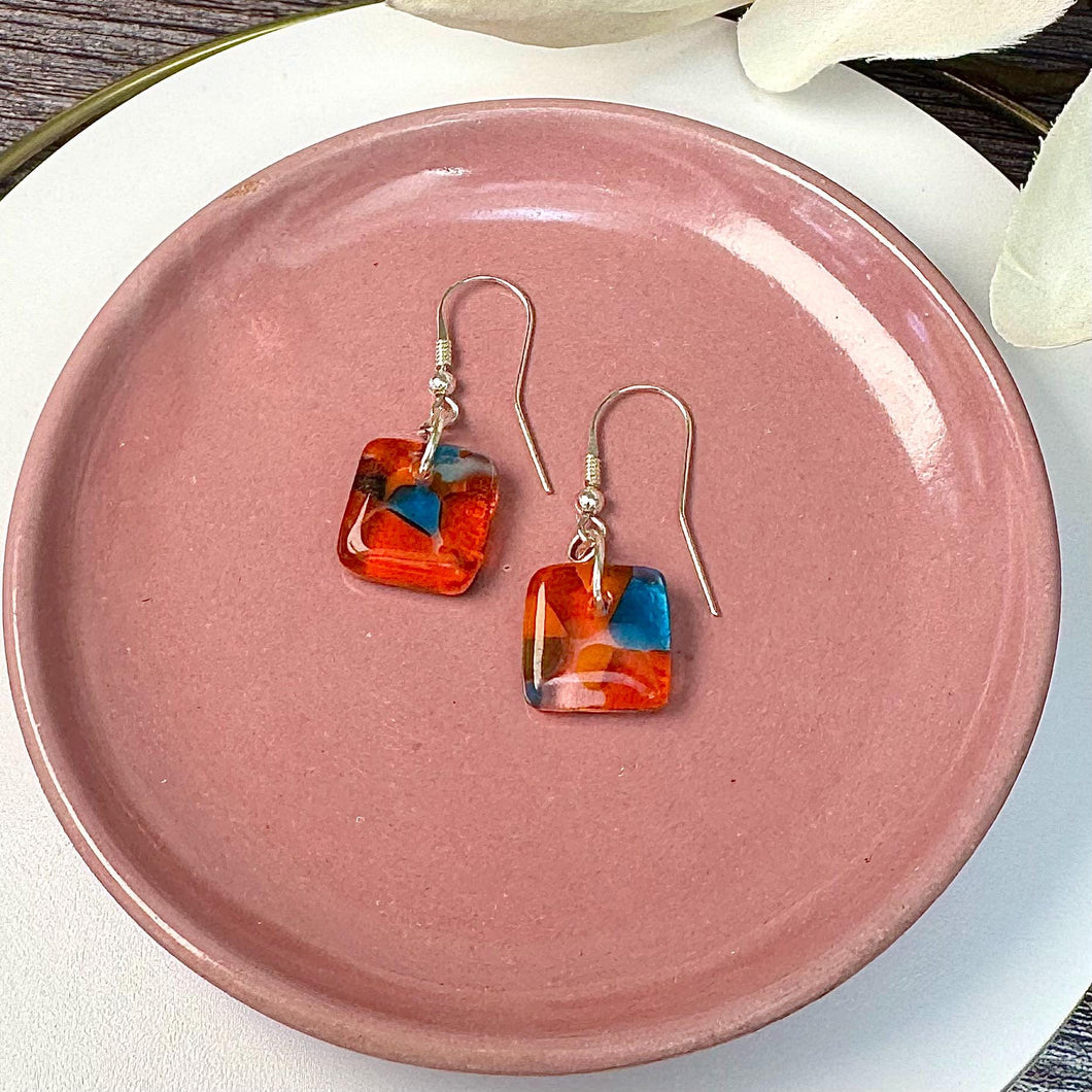 Energising Orange and Turquoise Earrings: Sterling Silver Fused Glass Earrings