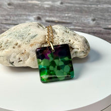 Green and Purple Square Necklace / Vibrant Fused Glass Jewellery