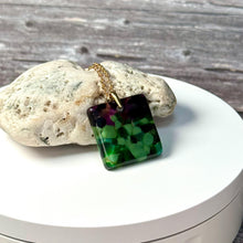Green and Purple Square Necklace / Vibrant Fused Glass Jewellery