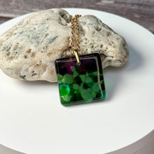 Green and Purple Square Necklace / Vibrant Fused Glass Jewellery