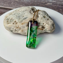 Green and Purple Long Pendant Necklace / Vibrant Fused Glass Jewellery