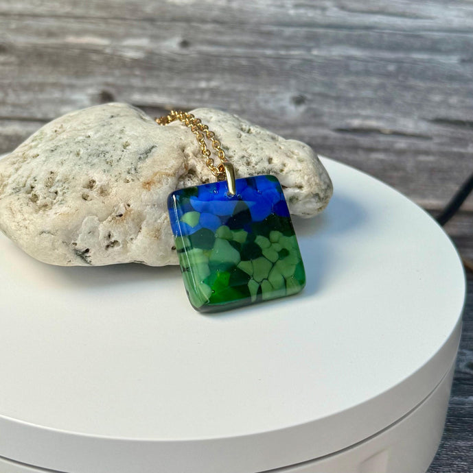 Blue and Green Square Necklace / Vibrant Fused Glass Jewellery