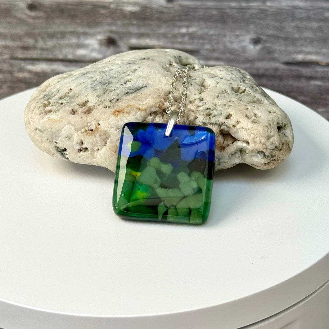 Blue and Green Square Necklace / Vibrant Fused Glass Jewellery