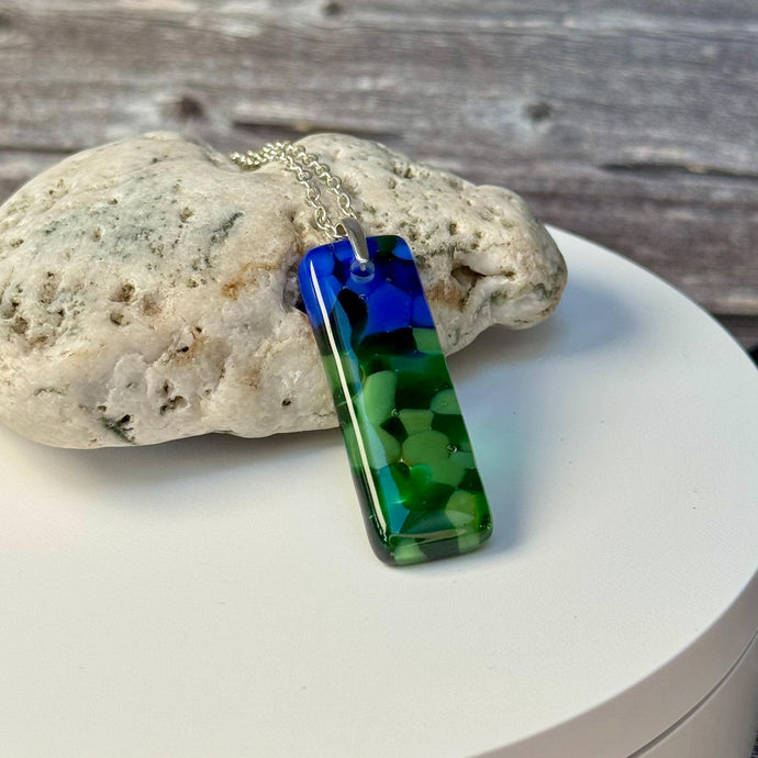 Blue and Green Long Pendant Necklace / Vibrant Fused Glass Jewellery