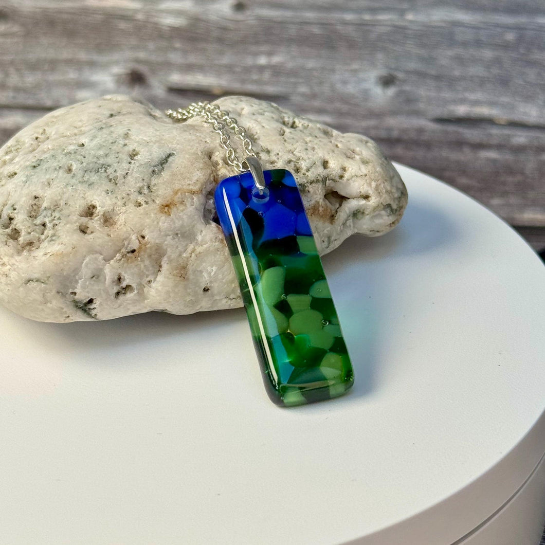 Blue and Green Long Pendant Necklace / Vibrant Fused Glass Jewellery