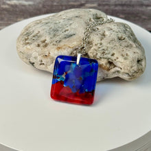 Red and Blue Square Necklace / Vibrant Fused Glass Jewellery