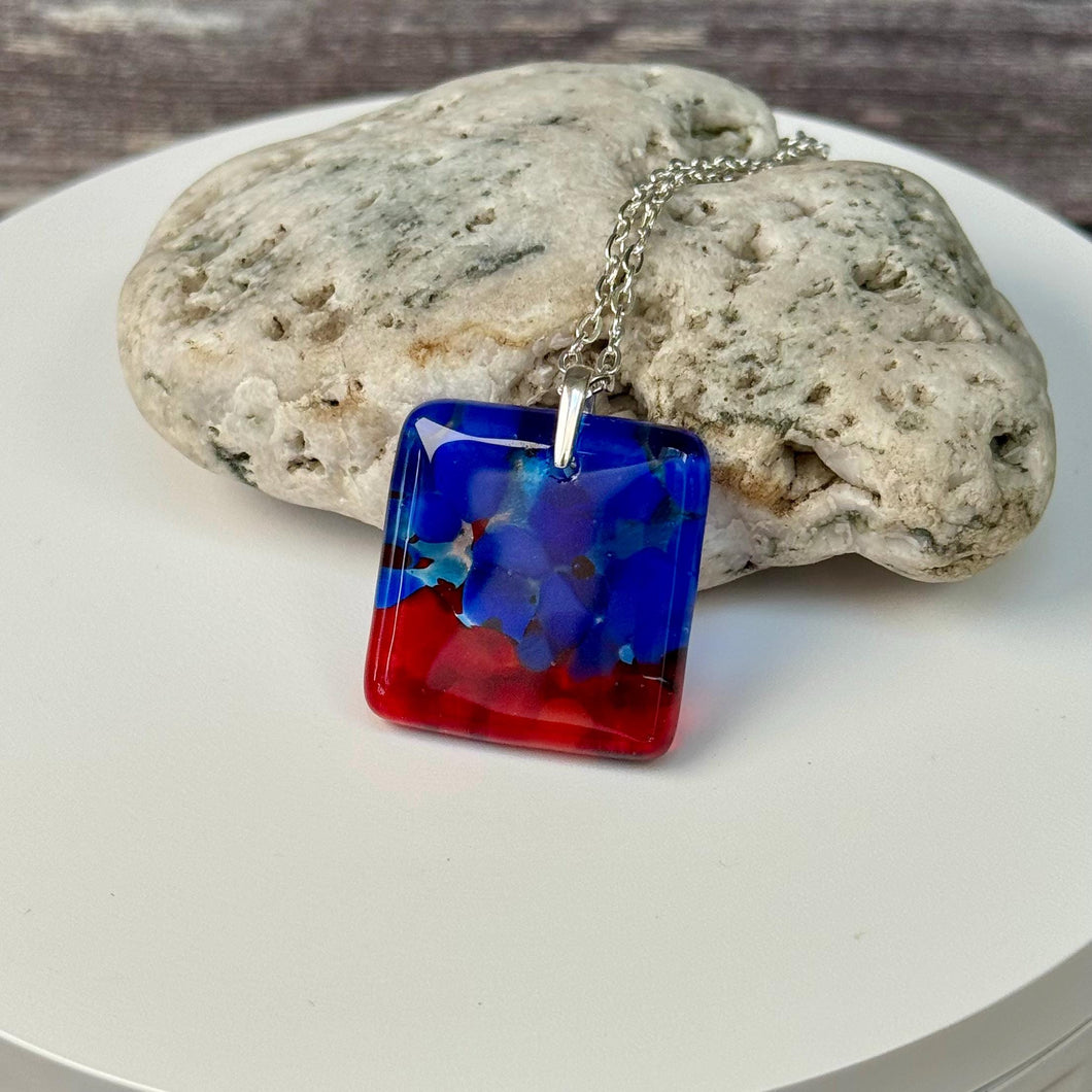 Red and Blue Square Necklace / Vibrant Fused Glass Jewellery