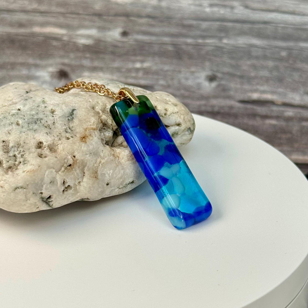 Blue, Turquoise and Green Long Pendant Necklace / Vibrant Fused Glass Jewellery