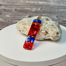 Large Blue, Red and Orange Long Pendant Necklace / Vibrant Fused Glass Jewellery