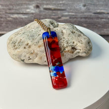 Large Blue, Red and Orange Long Pendant Necklace / Vibrant Fused Glass Jewellery