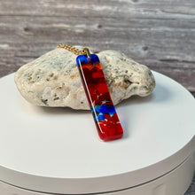 Large Blue, Red and Orange Long Pendant Necklace / Vibrant Fused Glass Jewellery