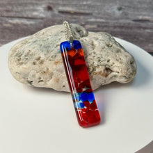 Large Blue, Red and Orange Long Pendant Necklace / Vibrant Fused Glass Jewellery