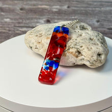 Large Blue, Red and Orange Long Pendant Necklace / Vibrant Fused Glass Jewellery