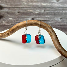 Vibrant Red and Turquoise Earrings: Sterling Silver Fused Glass Earrings